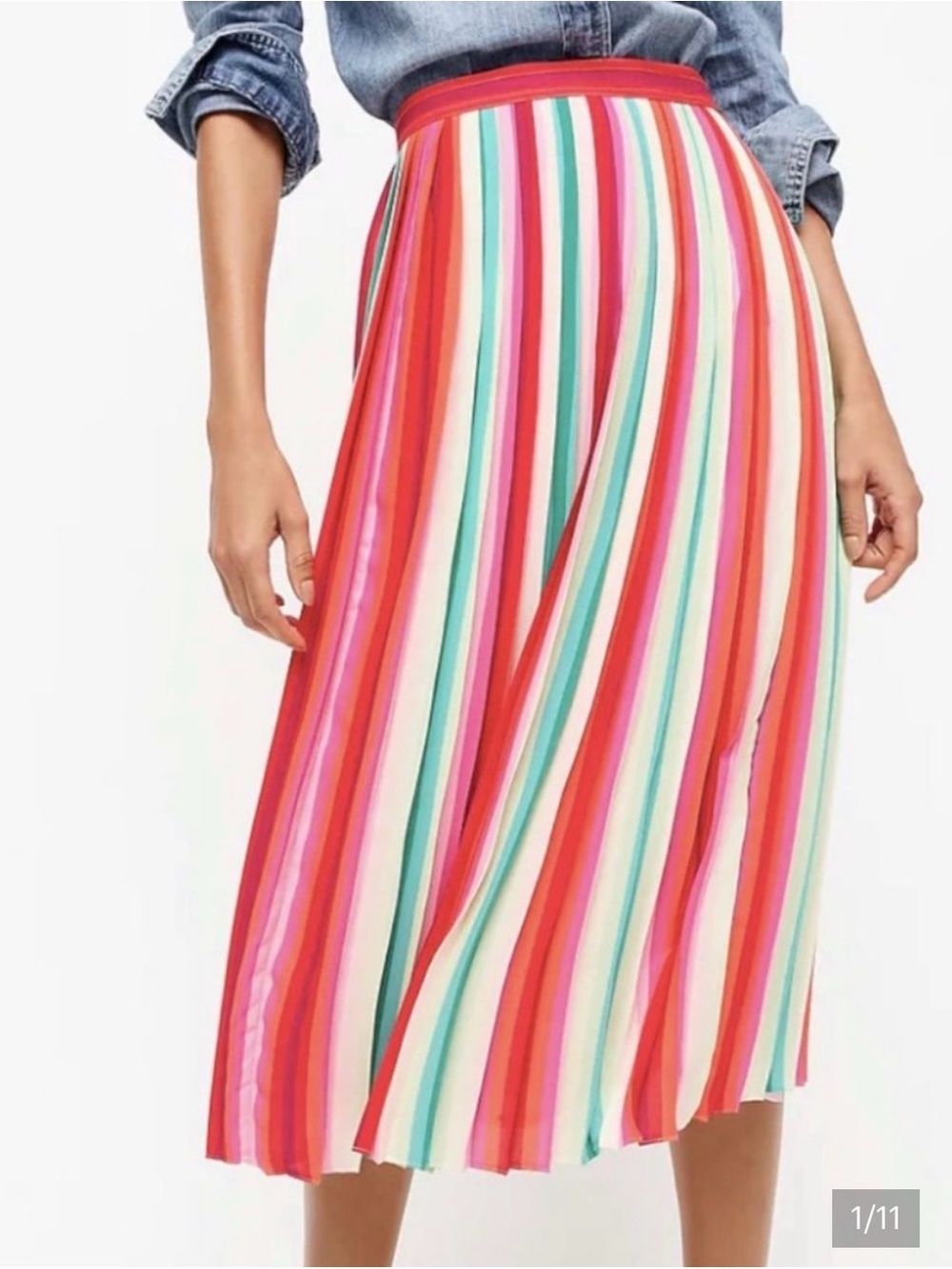 NWT J. Crew Sunburst Pleated Midi Skirt | Watermelon Stripe Size 14